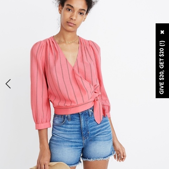 Madewell Contemporary Cecilia Striped Pink Bubble Sleeve Wrap Top Blouse - Picture 1 of 12